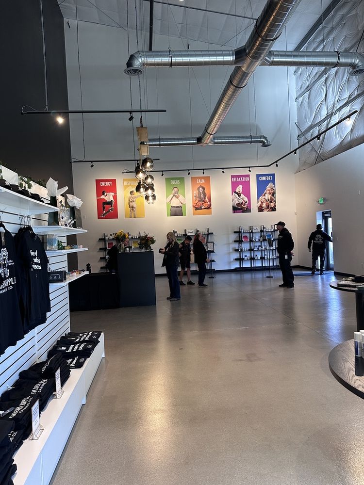 Interior of a retail store with shelves, colorful posters on the wall, and people browsing.