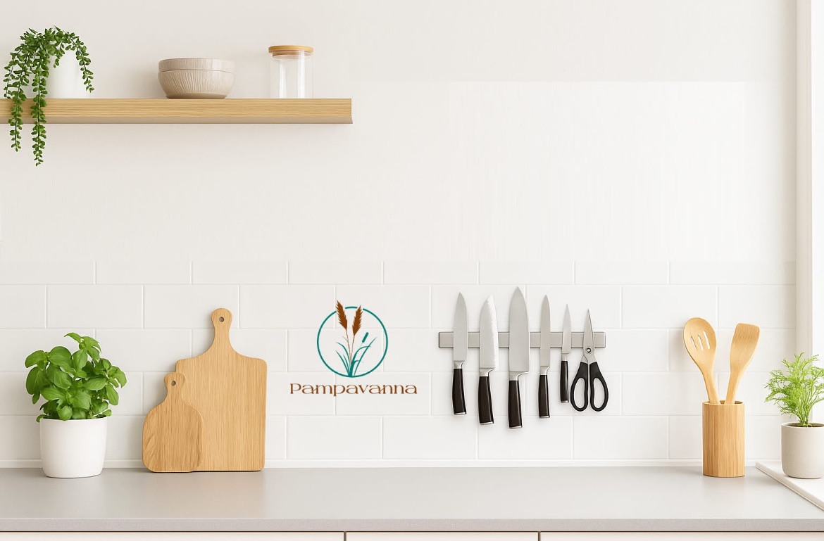 Kitchen wall with a wooden cutting board, potted plant, knives, scissors, and utensils, and a logo with a plant illustration.