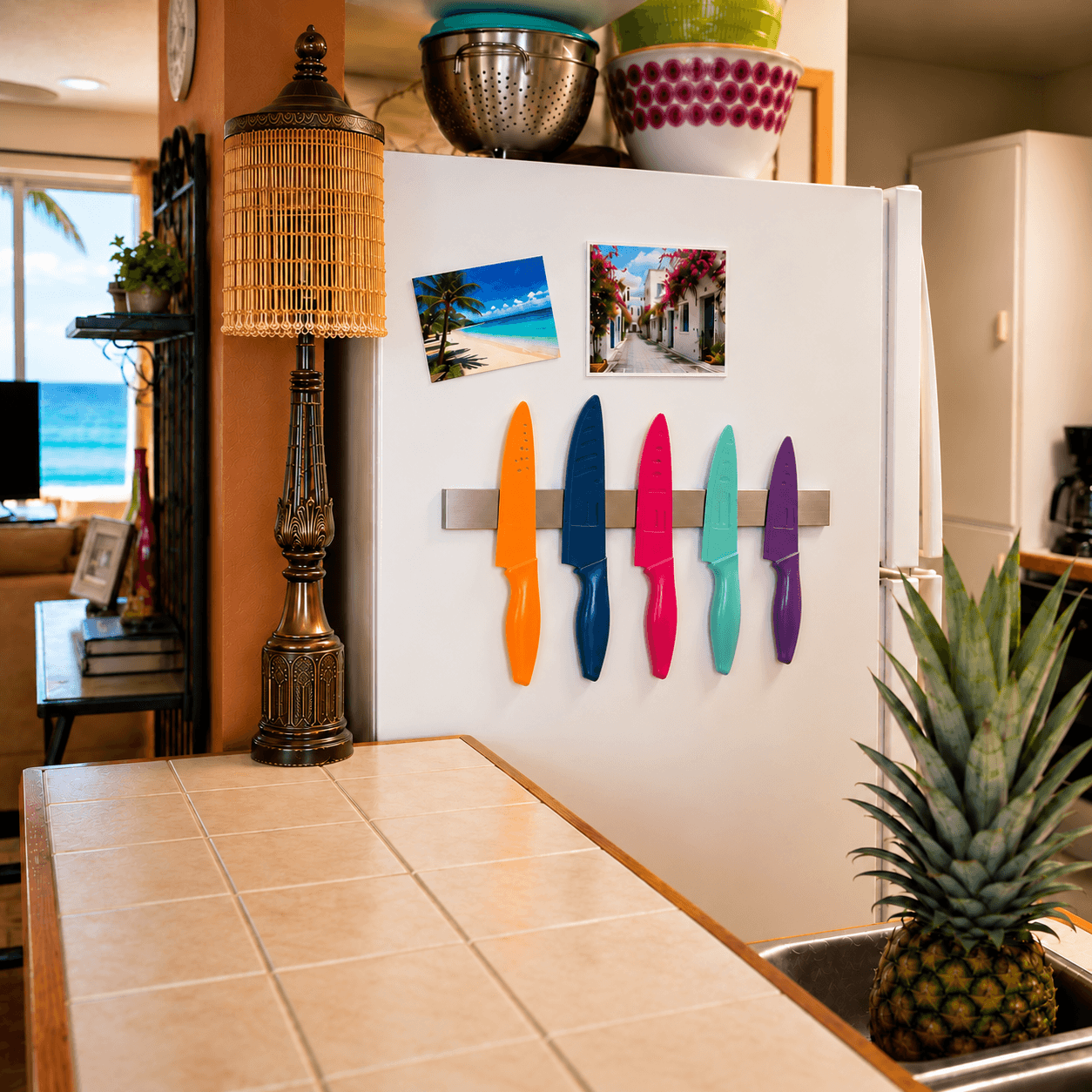 Kitchen with colorful knives on refrigerator door, pineapple on counter, and photos attached to fridge.
