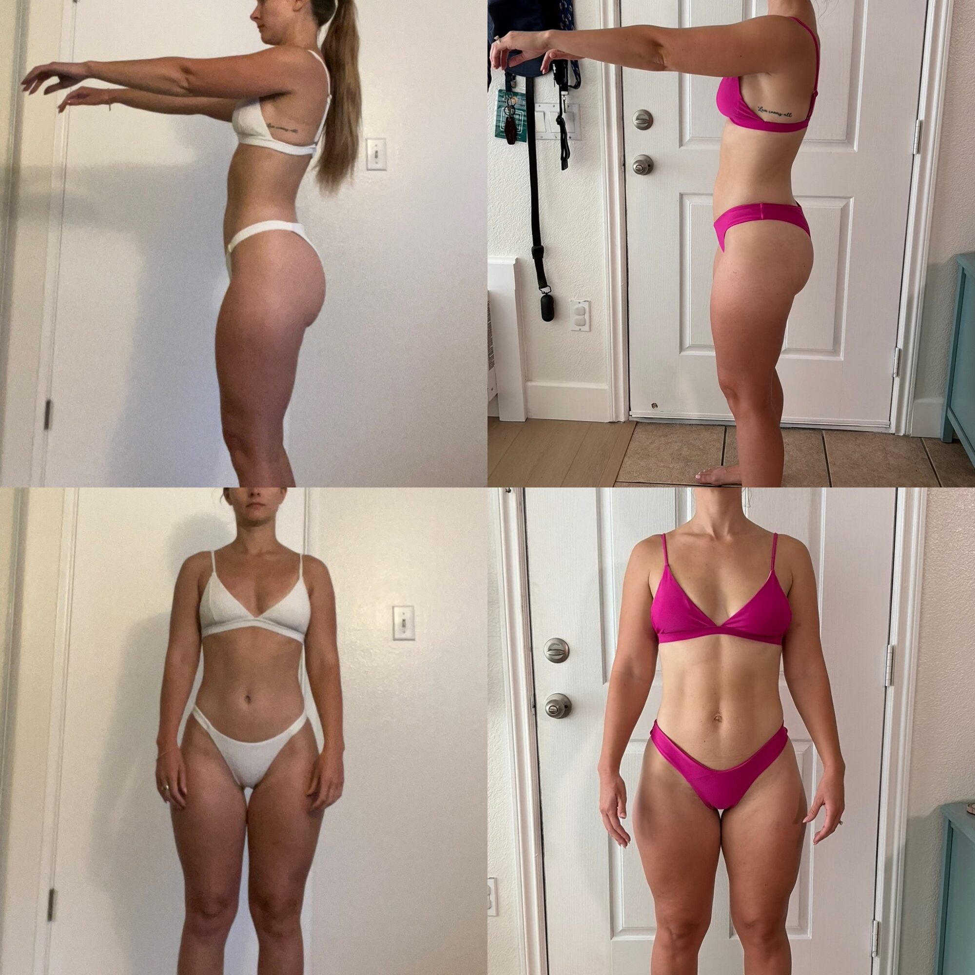 Four images of a woman in different poses wearing white and pink lingerie, standing indoors near a door and wall.