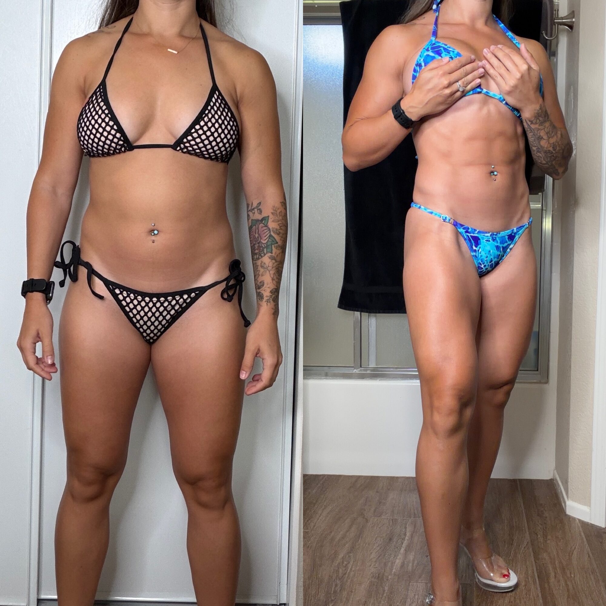 Two women in bikinis, one in black and white, the other in blue, standing indoors. One has tattoos and a belly button piercing.
