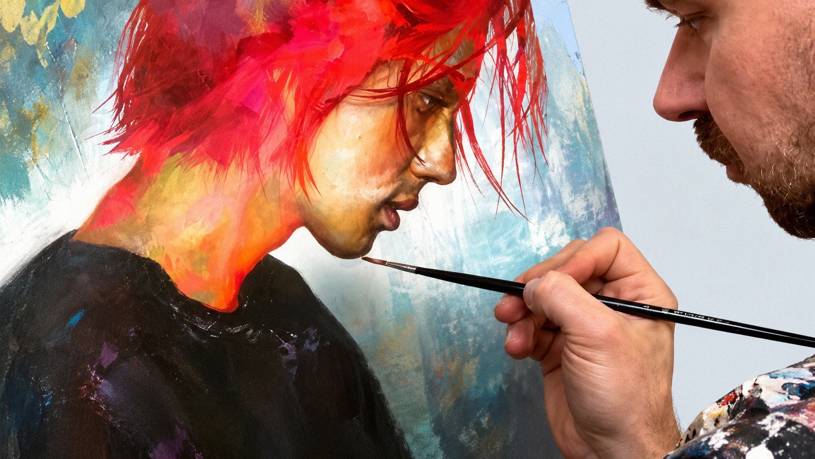 Artist painting a portrait of a woman with red hair, focusing on details, close-up view.