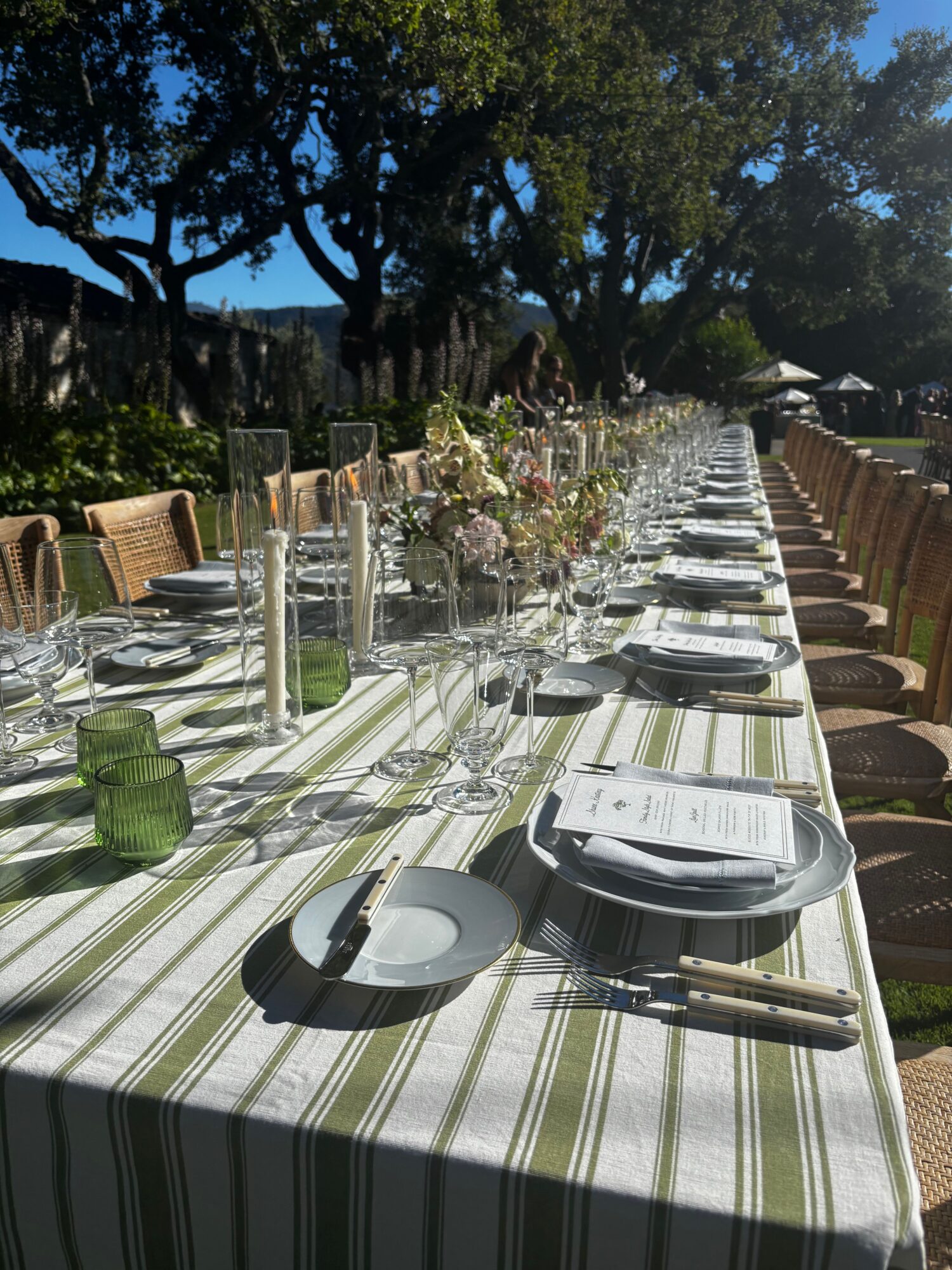 Long outdoor table set with plates, glasses, and cutlery on a striped tablecloth, under trees with sunlight.