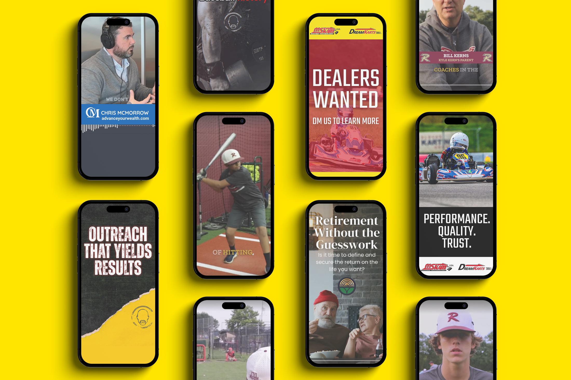 Collection of ten smartphones with various screens on a yellow background, displaying different images and texts.