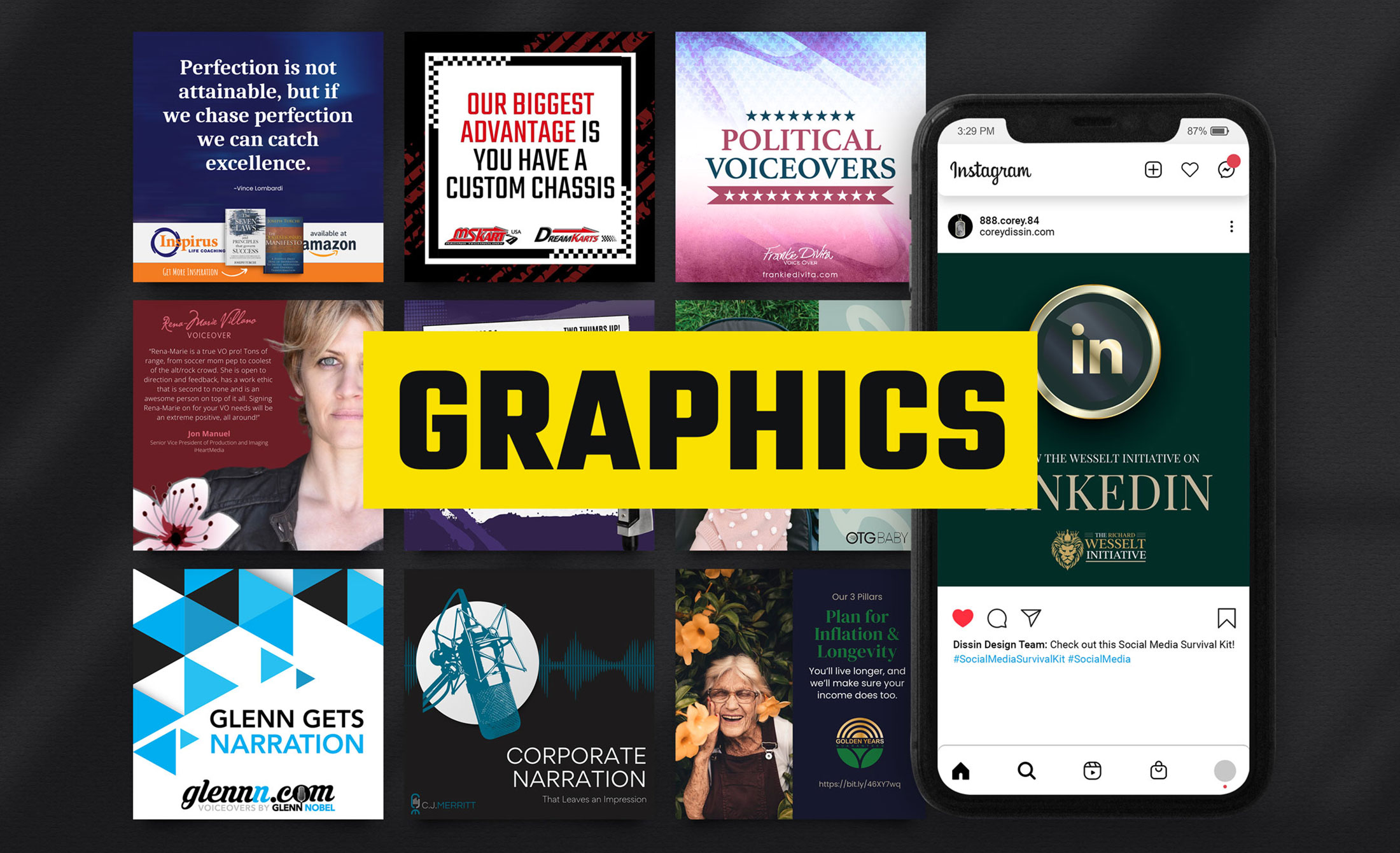 Collection of various digital graphics, including text-based designs, social media posts, and logos, with a yellow 'GRAPHICS' label in the center.
