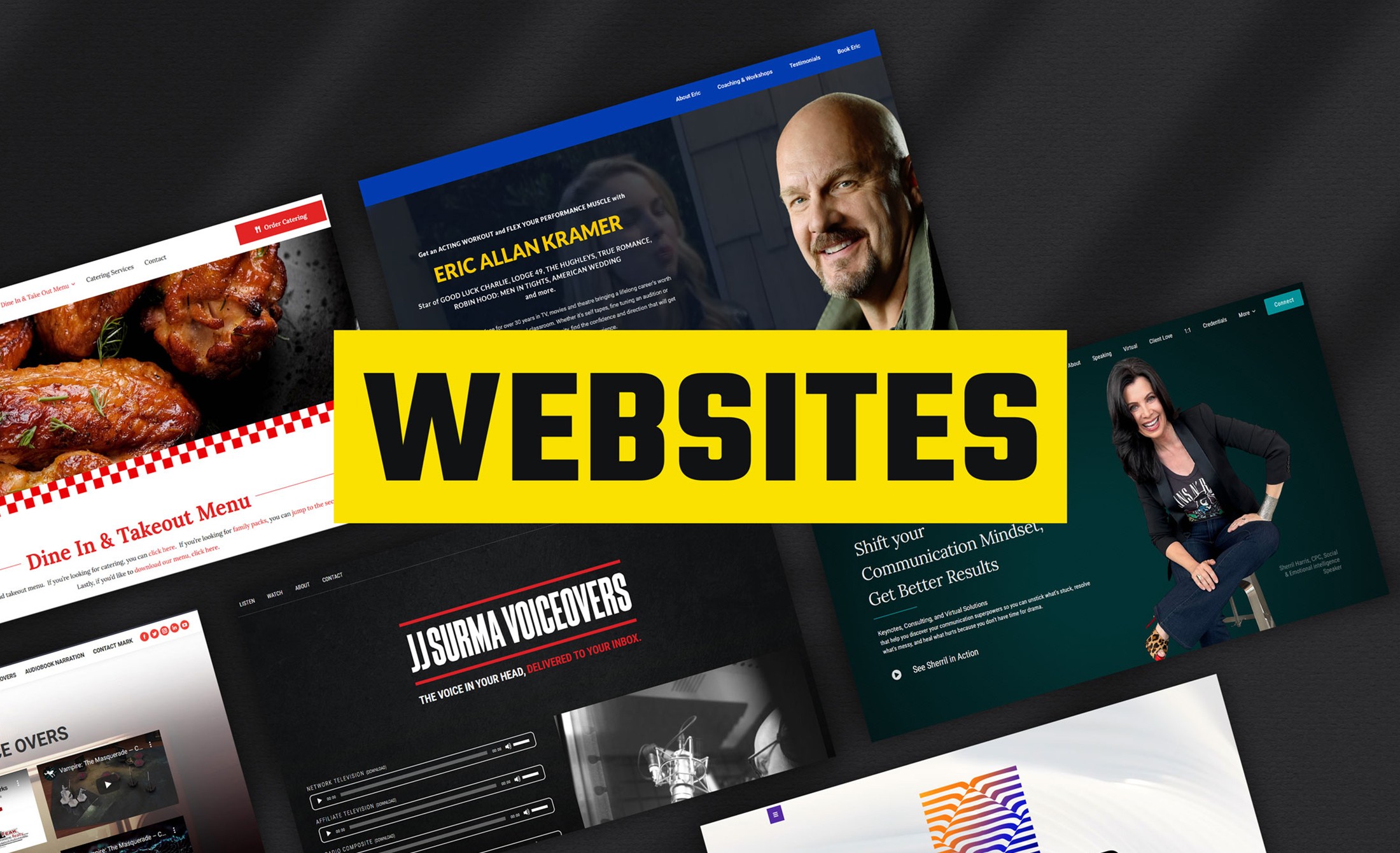 Multiple website screenshots overlapping, with a yellow banner reading 'WEBSITES' in bold black text.