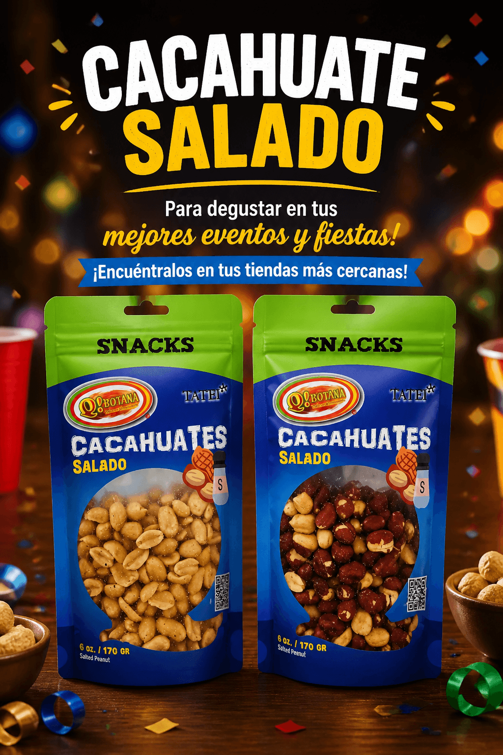 Two snack bags labeled 'Cacahuates Salado' with peanuts, on a festive background with confetti and drinks.
