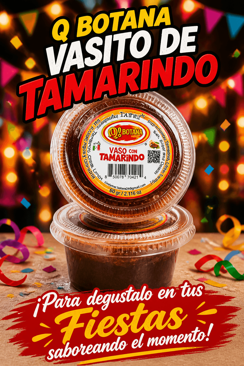 Stacked containers of tamarind paste with colorful party decorations in the background, celebrating a festive event.