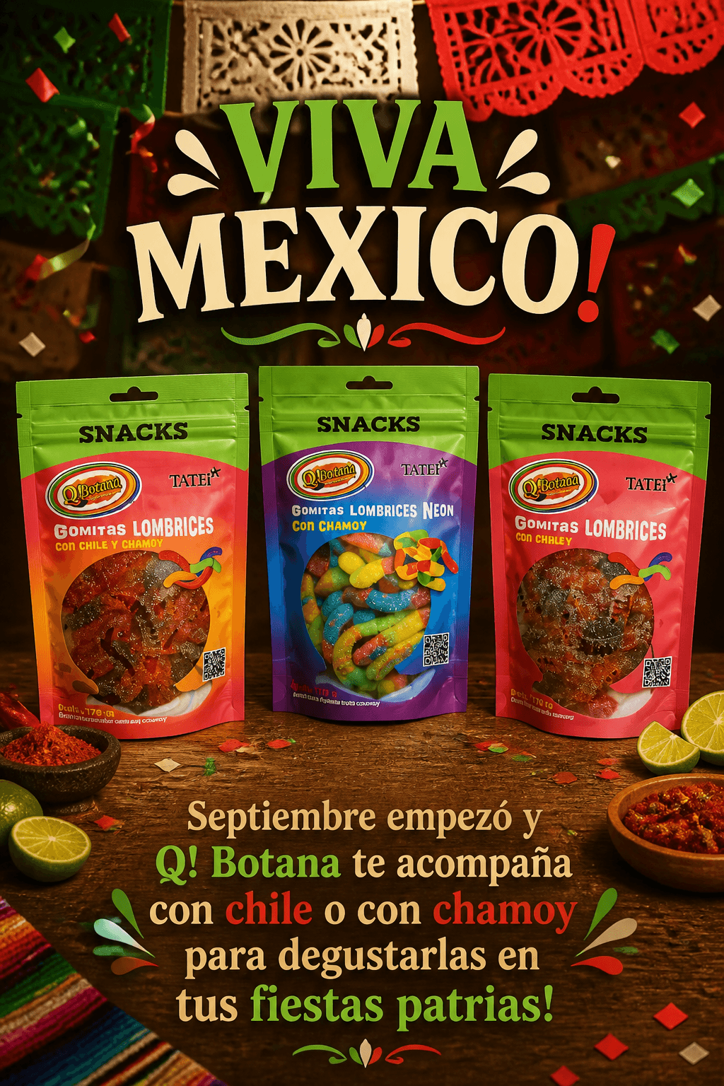 Colorful display of three snack packages with a Mexican theme, surrounded by lime slices and festive decorations, and a sign reading 'Viva Mexico!'.