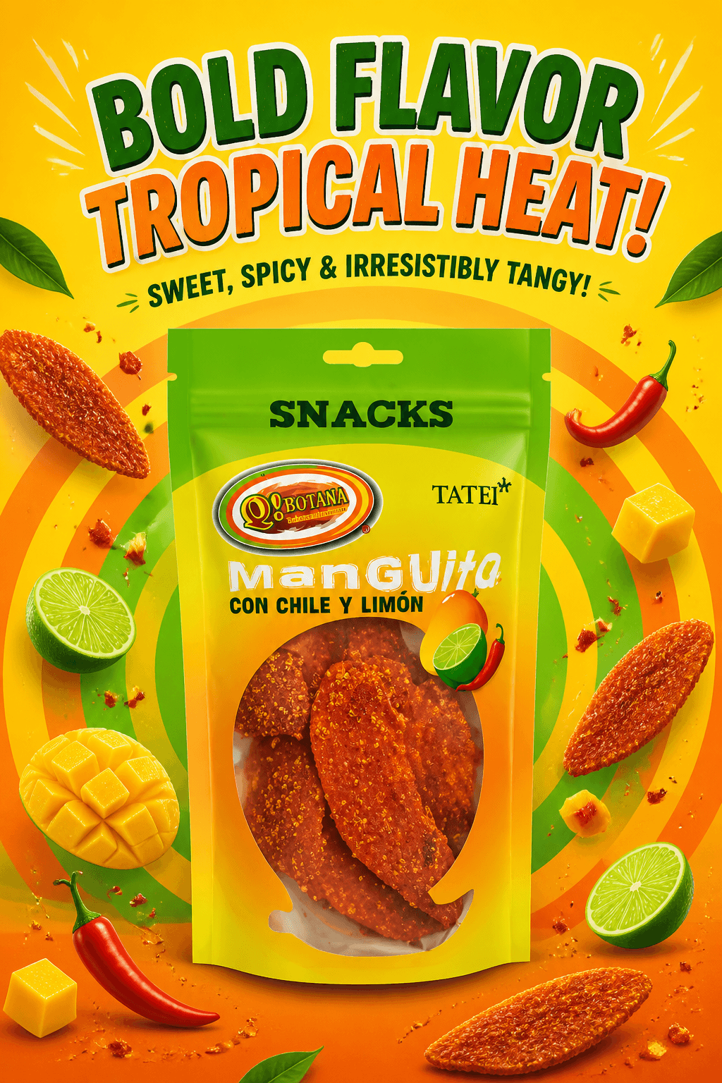 Package of mango-flavored snacks with lime and lemon slices, chili peppers, and mango pieces around it.