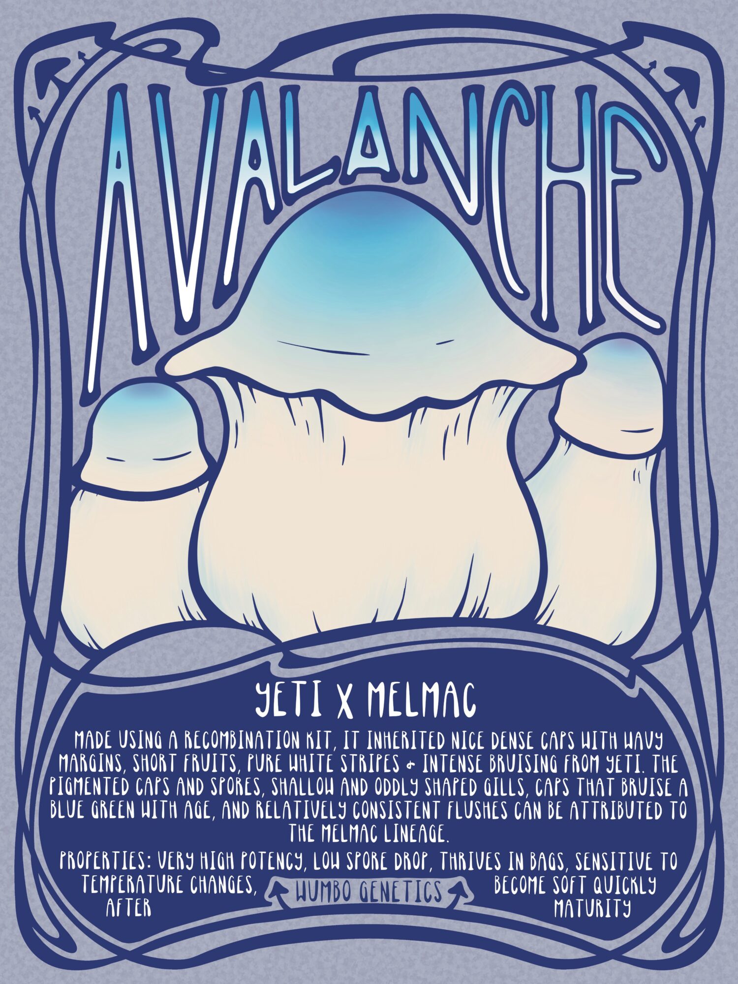 Design with the word 'AVALANCHE' at the top, a mountain illustration, and text about Yeti and Melmac, in blue and white.