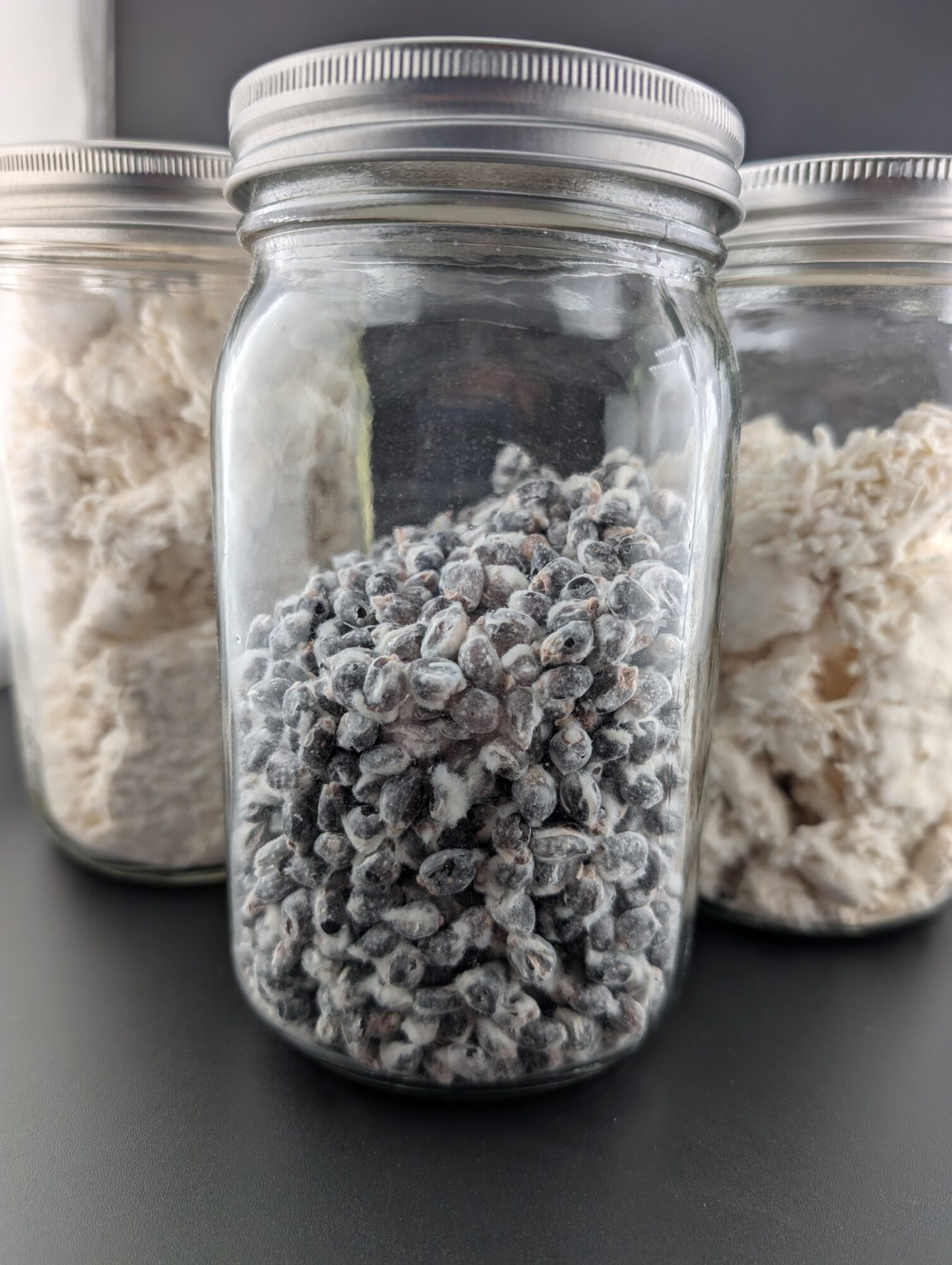 Three glass jars with metal lids containing powdered substances, one jar in front and two behind, on a dark surface.