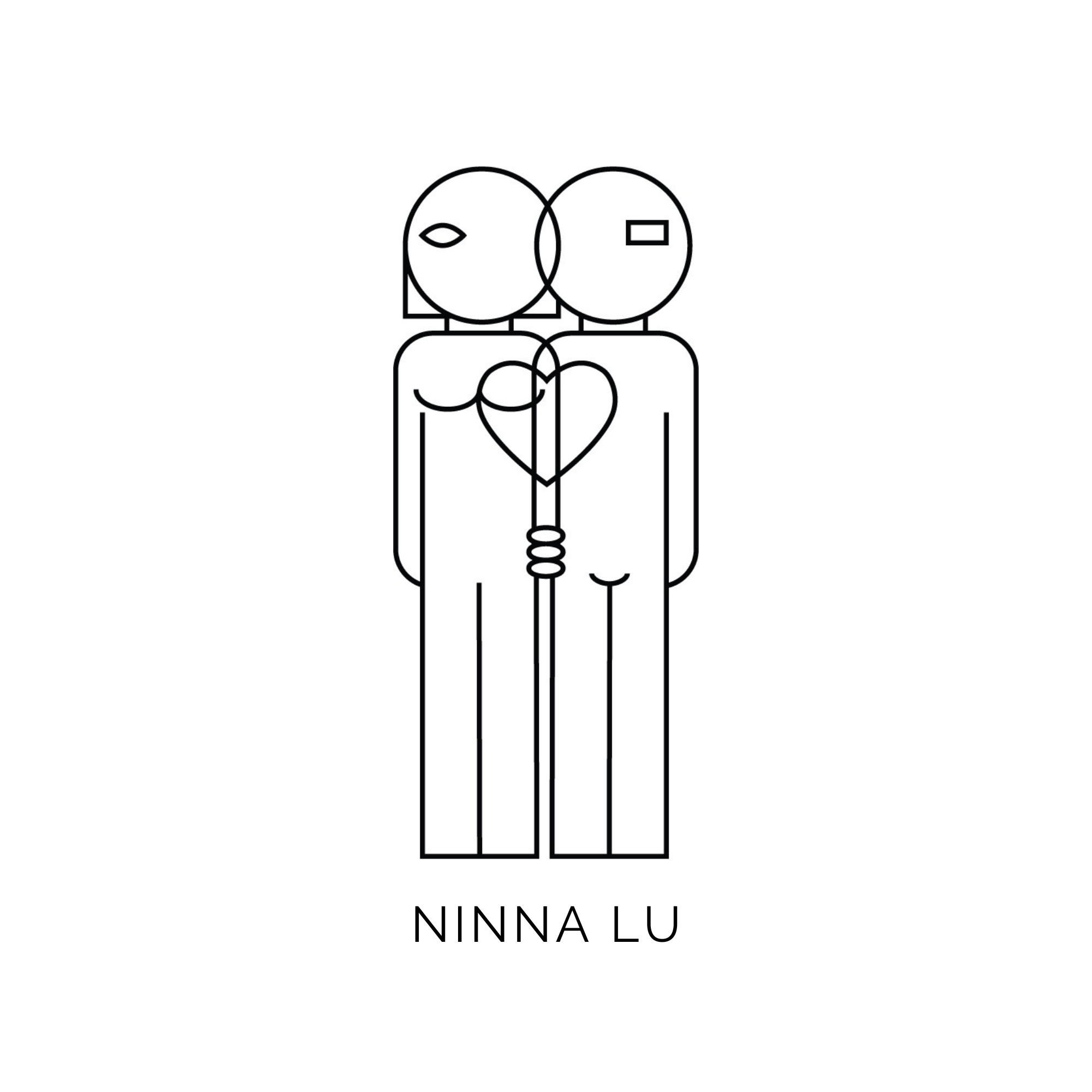 Line drawing of two abstract figures holding a heart-shaped object, with the name 'NINNA LU' below.