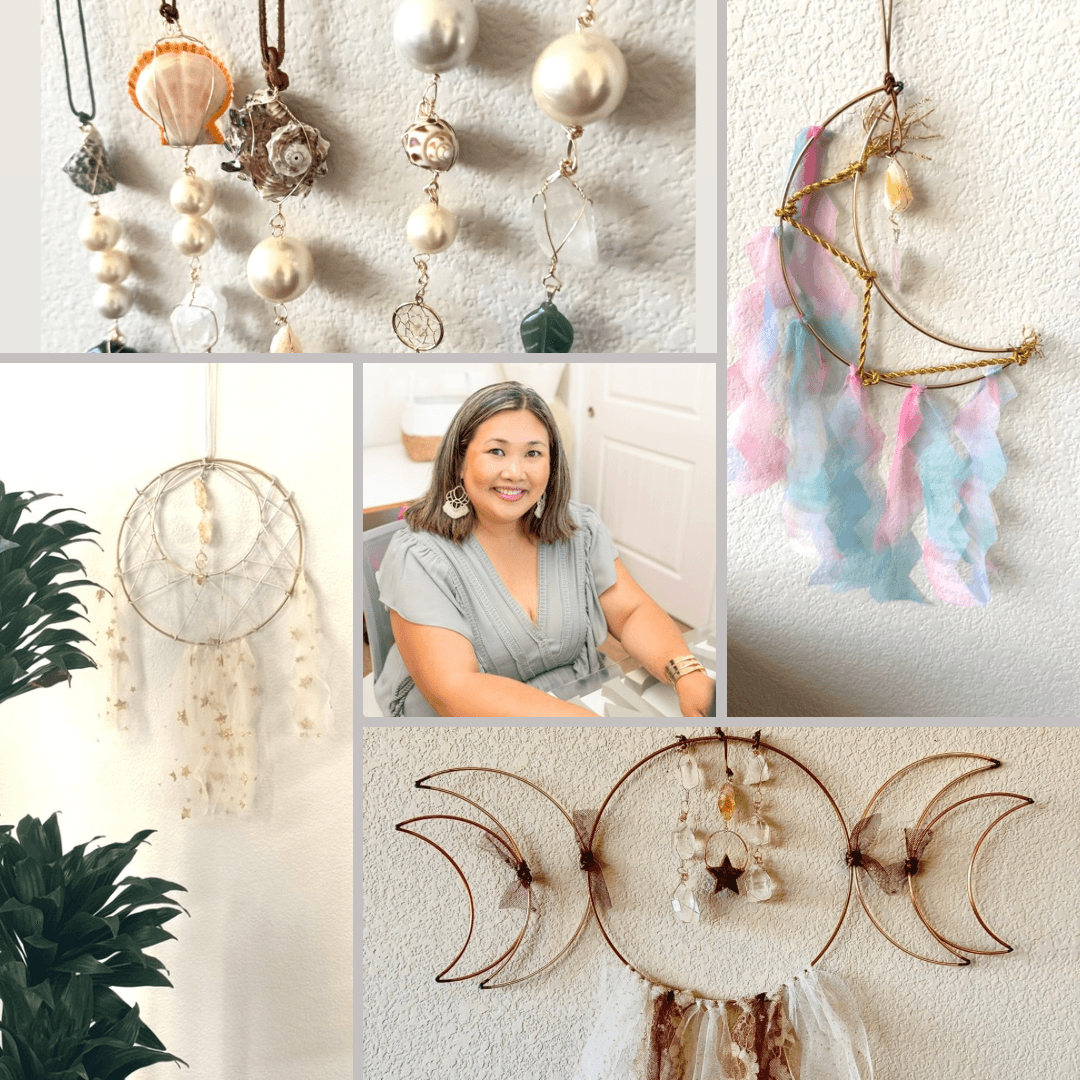 Center image of a smiling woman with shoulder-length hair, wearing a light gray top, sitting indoors. Surrounding images display decorative hanging ornaments and dreamcatchers. One ornament has pastel feathers, another features pearls and beads, and a third has moon and star shapes. Alt text word count: 44, confidence: 0.9