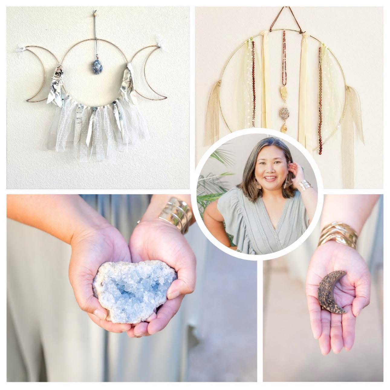 Decorative moon phase wall hanging, person holding a blue crystal, woman smiling, person holding a feathered object, woman with jewelry, circular portrait of smiling woman.