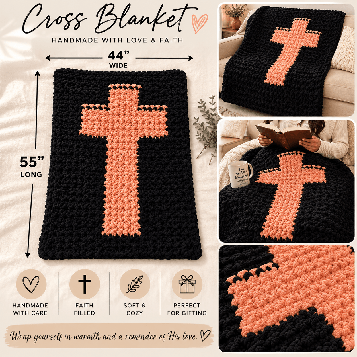 Black crochet blanket with pink cross design, measuring 44 inches wide and 55 inches long, displayed on a bed and used by a person.