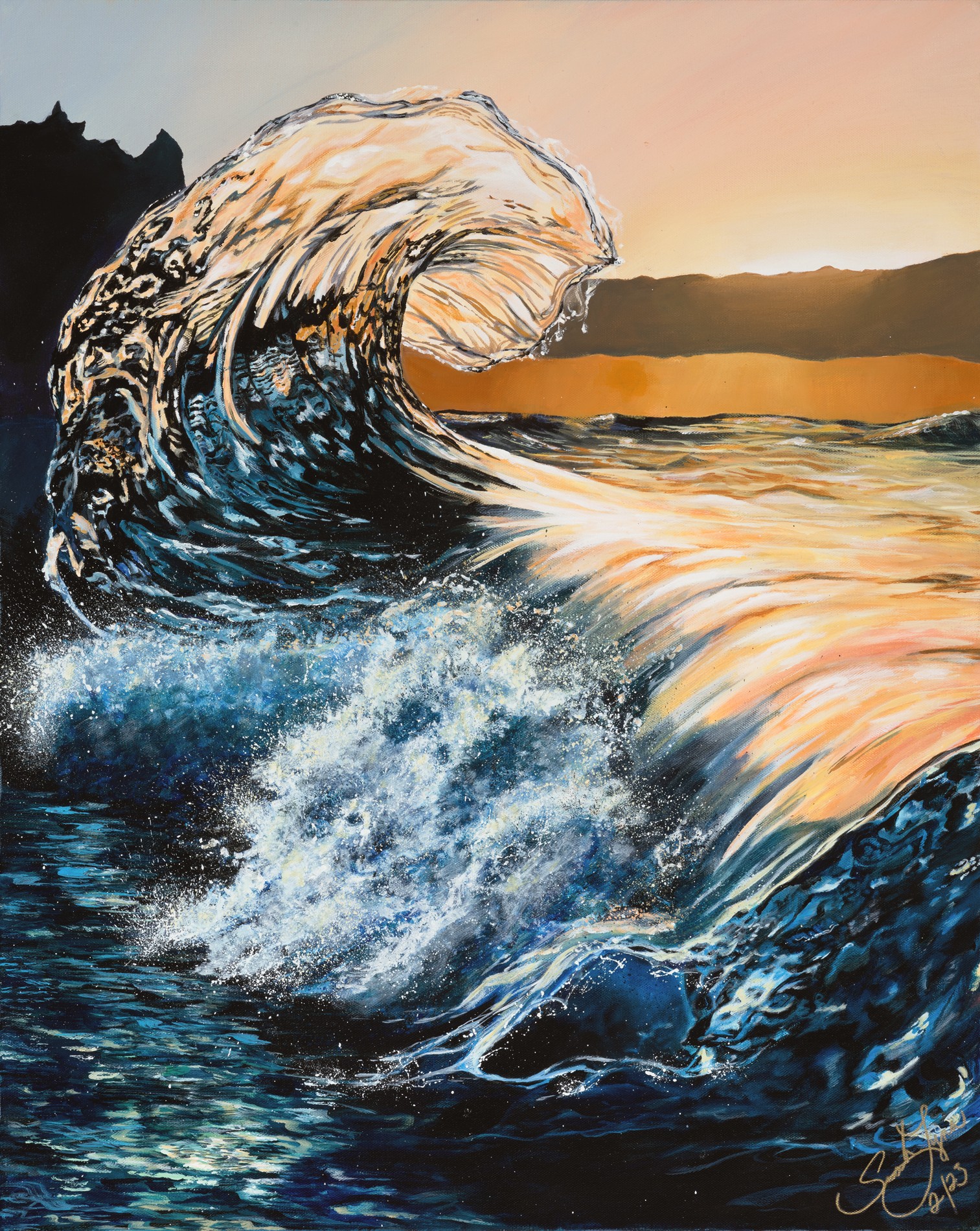 A large ocean wave crashes near a rocky shoreline during sunset, with a colorful sky and distant cliffs.