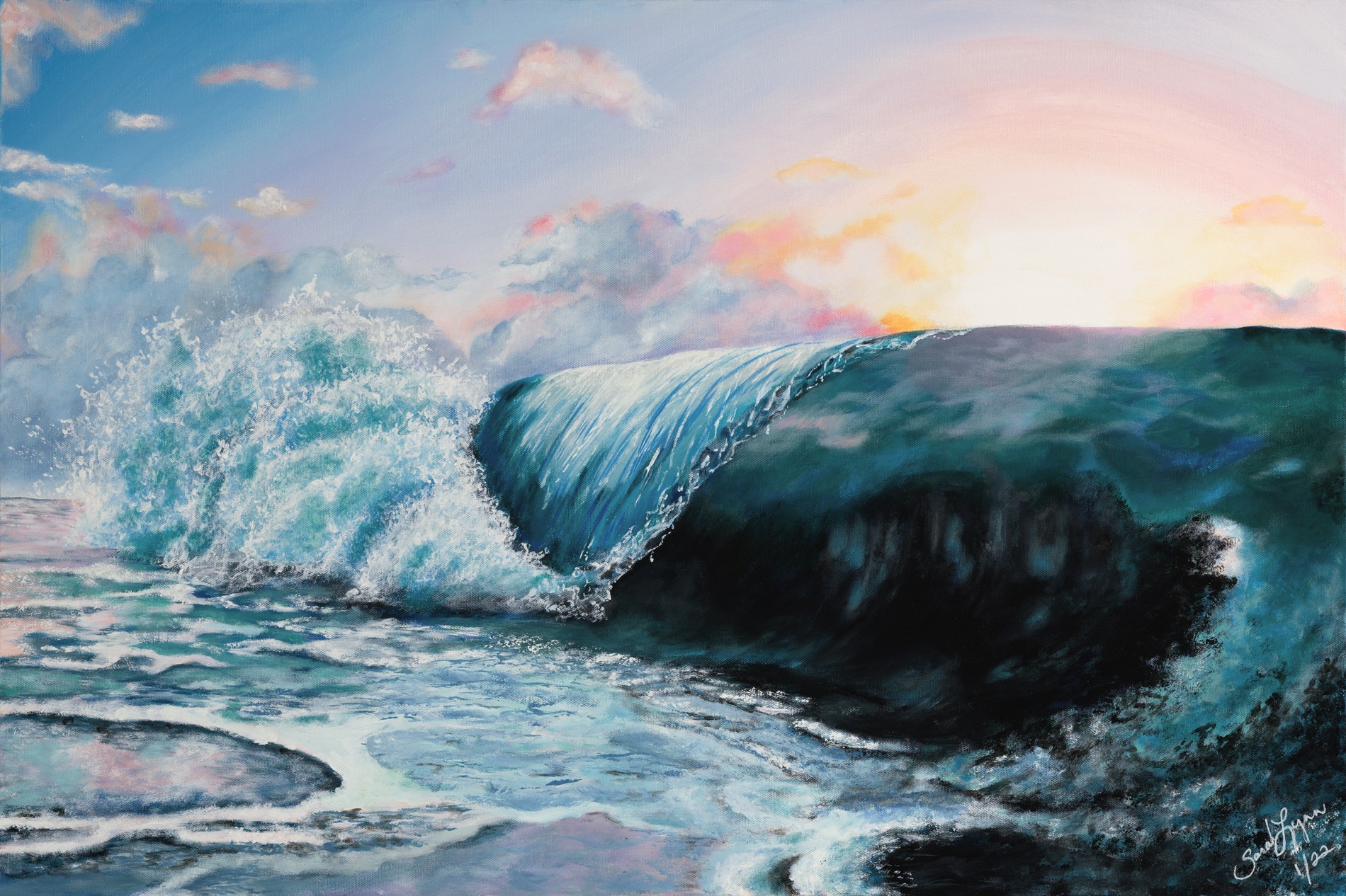 Ocean wave crashing with a colorful sky and sunset in the background, sunlight reflecting on the water surface.