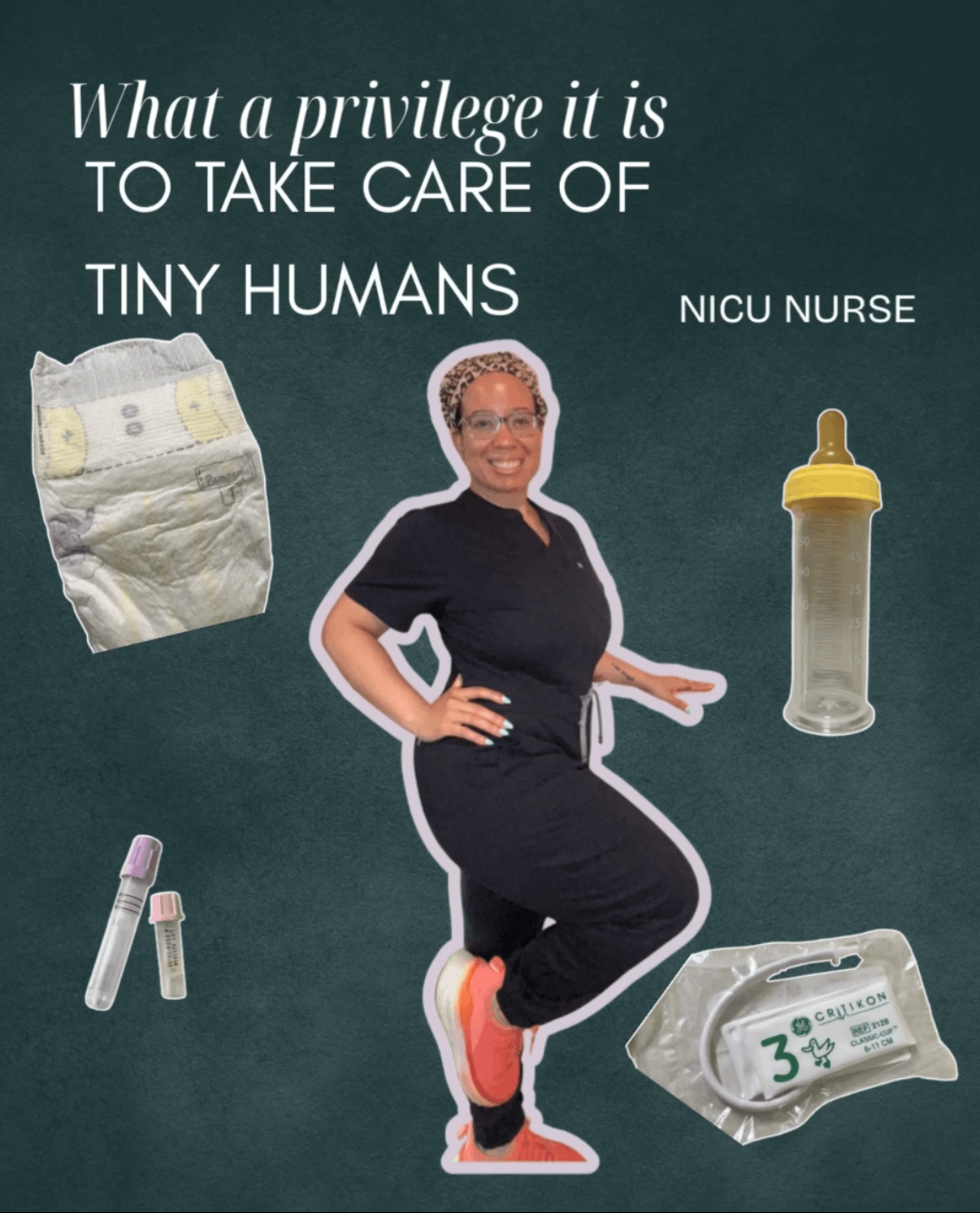 A woman in black scrubs kneels with hands on hips, surrounded by baby diaper, baby bottle, wipes, and diaper cream, on a dark background.