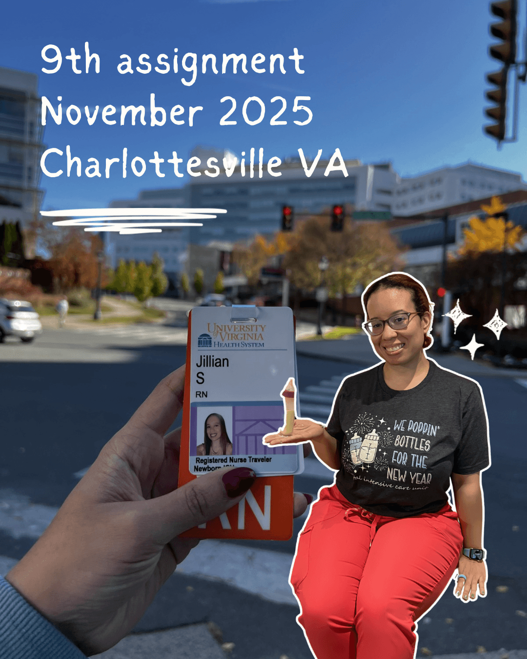 Person holding an ID card with a city street background, and a woman sitting with glasses and a black shirt, smiling.