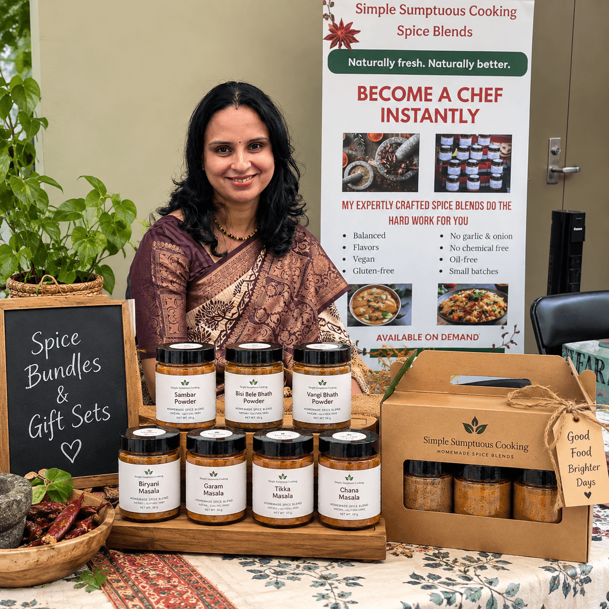 Woman standing behind a table with jars of spice blends, a chalkboard sign, and a wooden box, in front of a promotional banner.