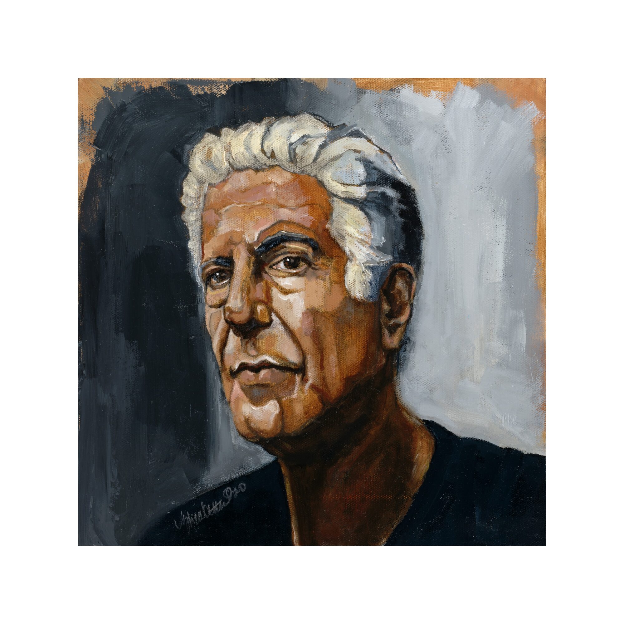 Portrait of an older person with white hair, looking to the side, painted in a realistic style with dark and light background.