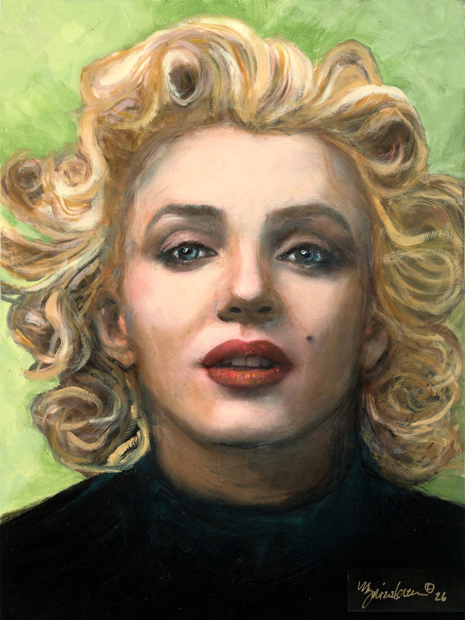 Portrait of a woman with curly blonde hair, blue eyes, and red lipstick, wearing a black top, against a green background.