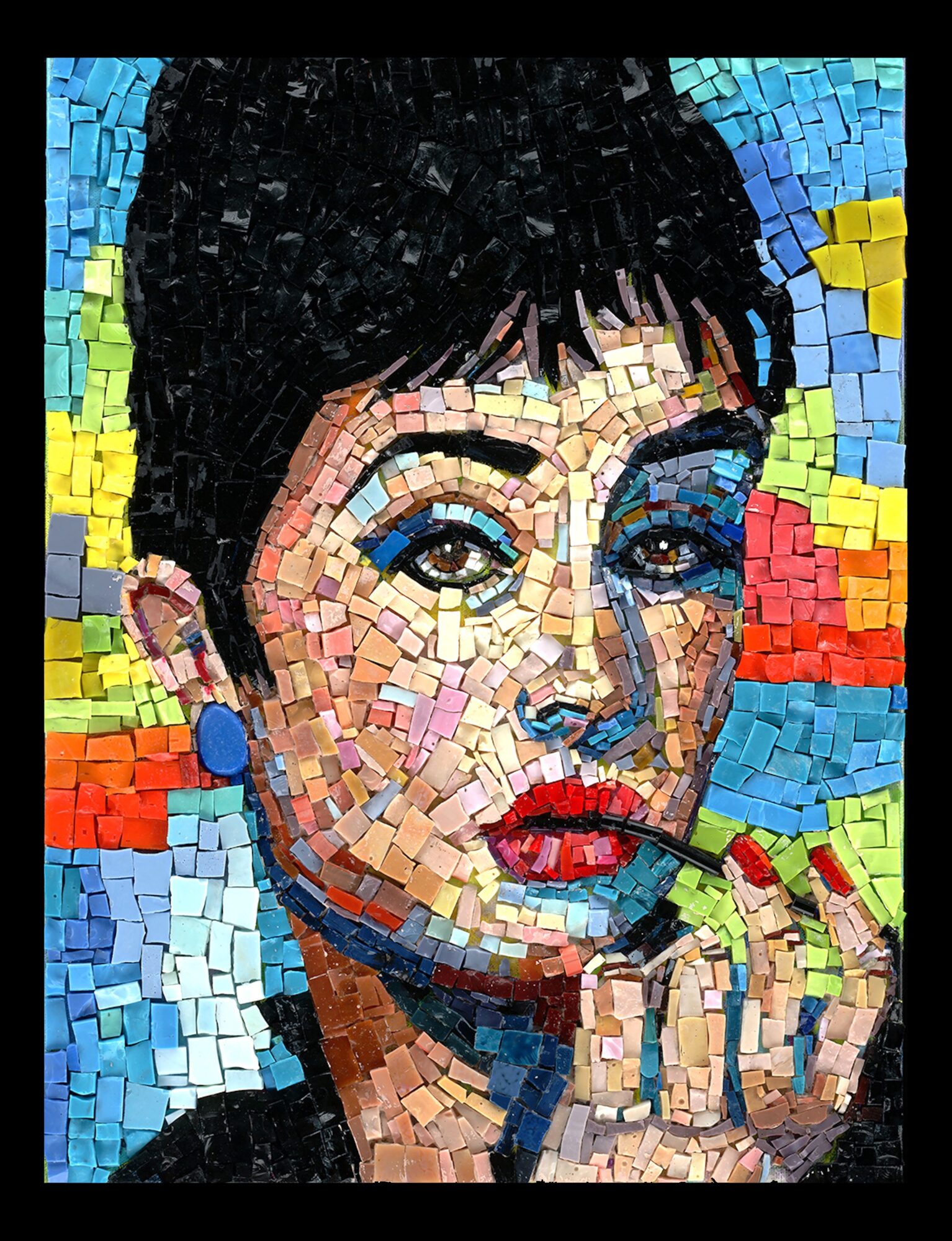 Portrait of a woman with short dark hair, blue eyes, red lips, holding a lipstick, colorful mosaic background.