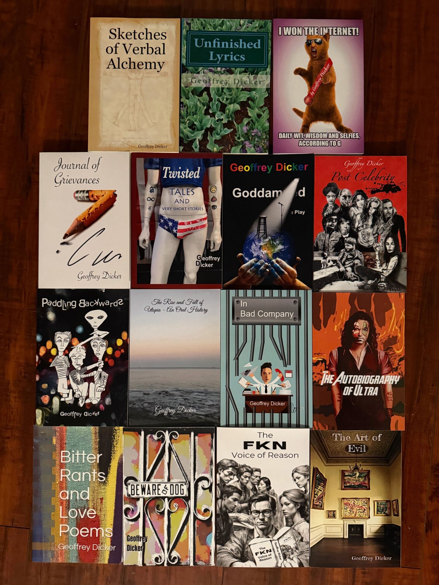 Collection of 15 books with colorful covers, including titles on poetry, science, history, and fiction, arranged in a grid.