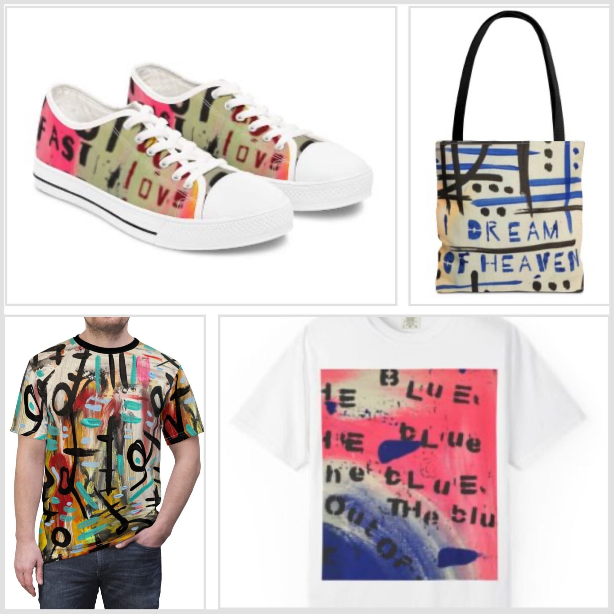 Pair of colorful sneakers, tote bag with abstract design, person wearing a patterned shirt, and a graphic T-shirt with text and colors.