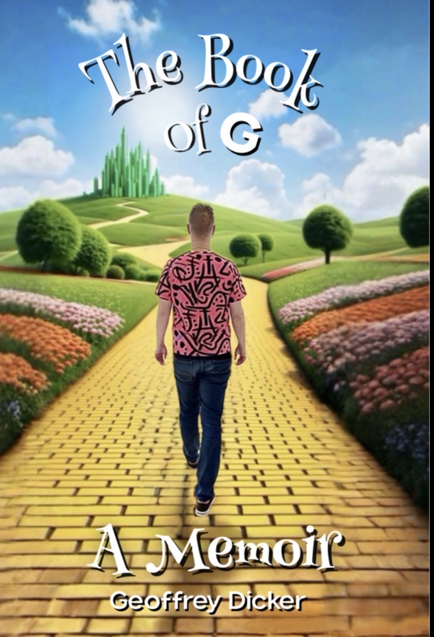 Person walking on a yellow brick path through colorful flower gardens towards a green hill with trees and a blue sky.