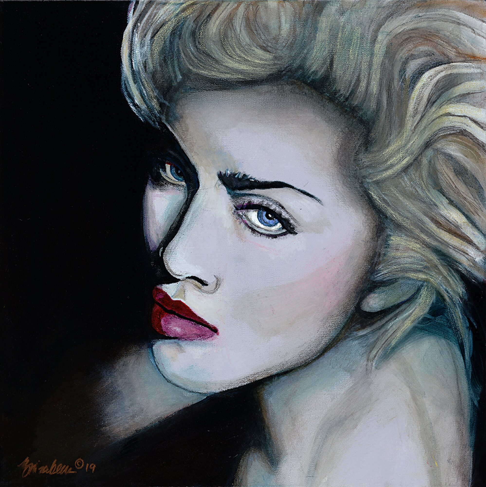 Portrait of a woman with blonde hair, blue eyes, and red lips, looking over her shoulder against a dark background.