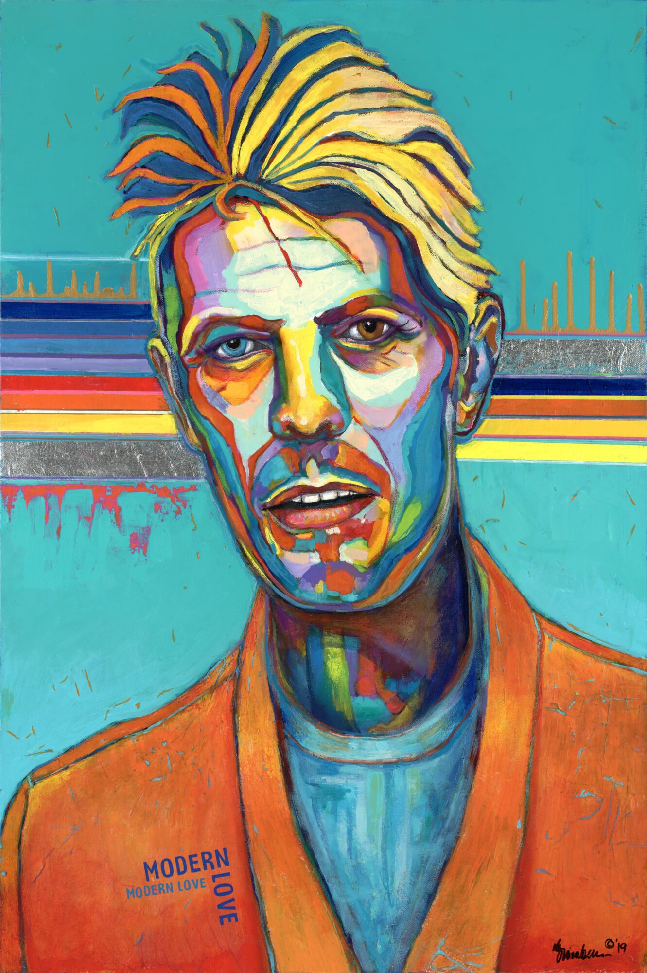 Colorful portrait of a person with short, styled hair, wearing an orange jacket against a vibrant background with horizontal lines.