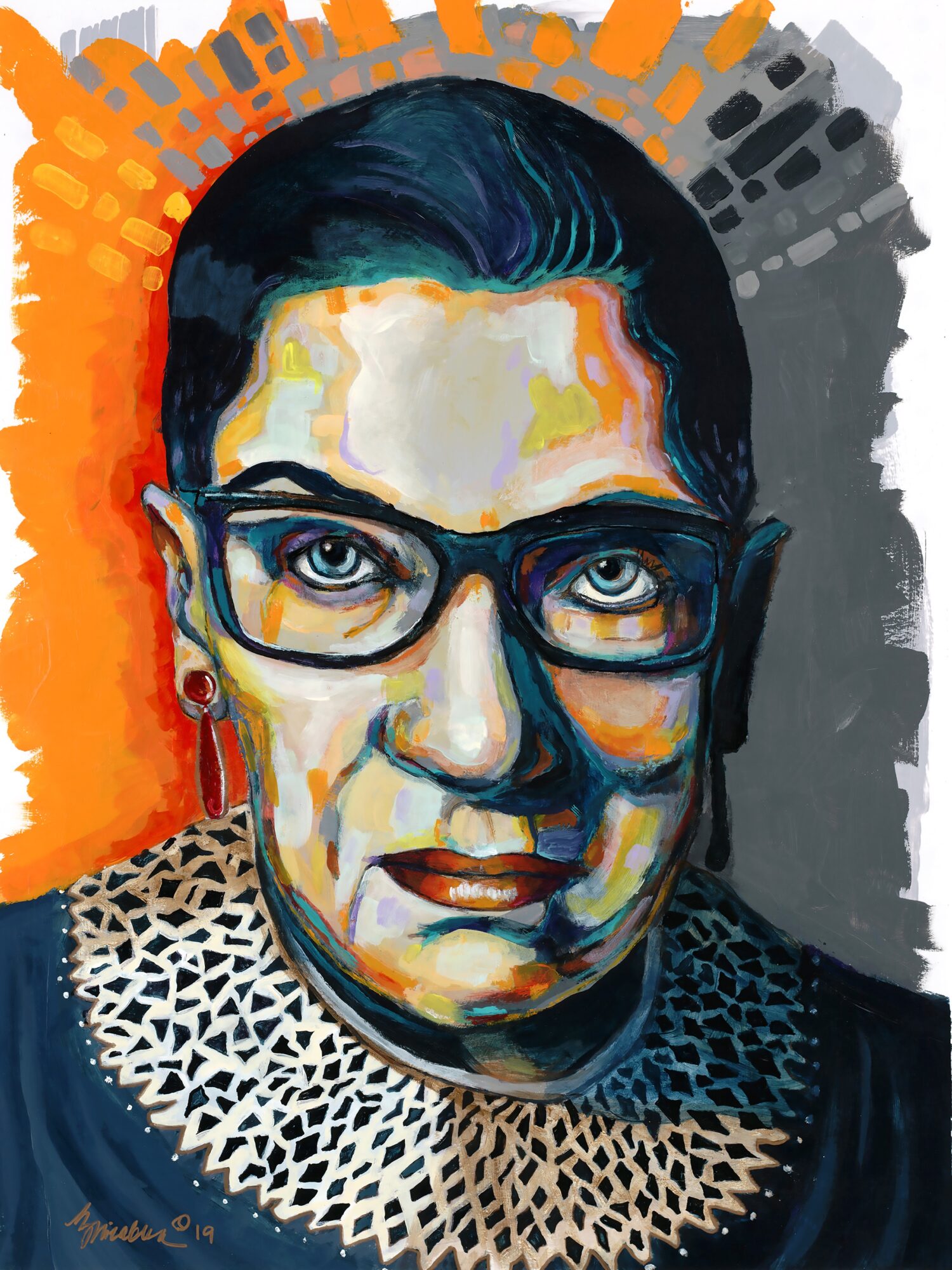 Portrait of a woman with glasses, short dark hair, wearing a patterned necklace, against an abstract background.