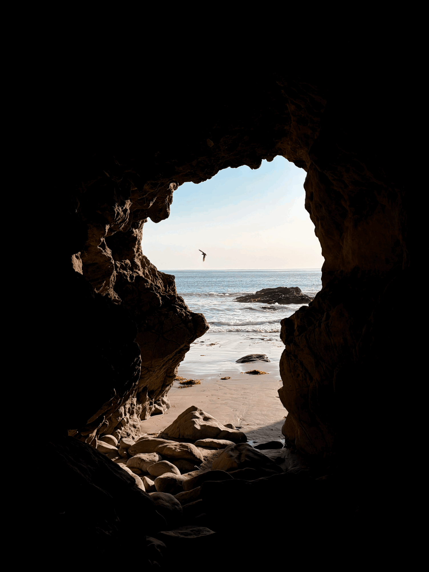 View of the beach and ocean through a rocky cave opening, with a bird flying in the sky, sandy shore, and rocks.