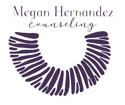 Text reads 'Megan Hernandez counseling' above a stylized purple mustache made of curved lines.