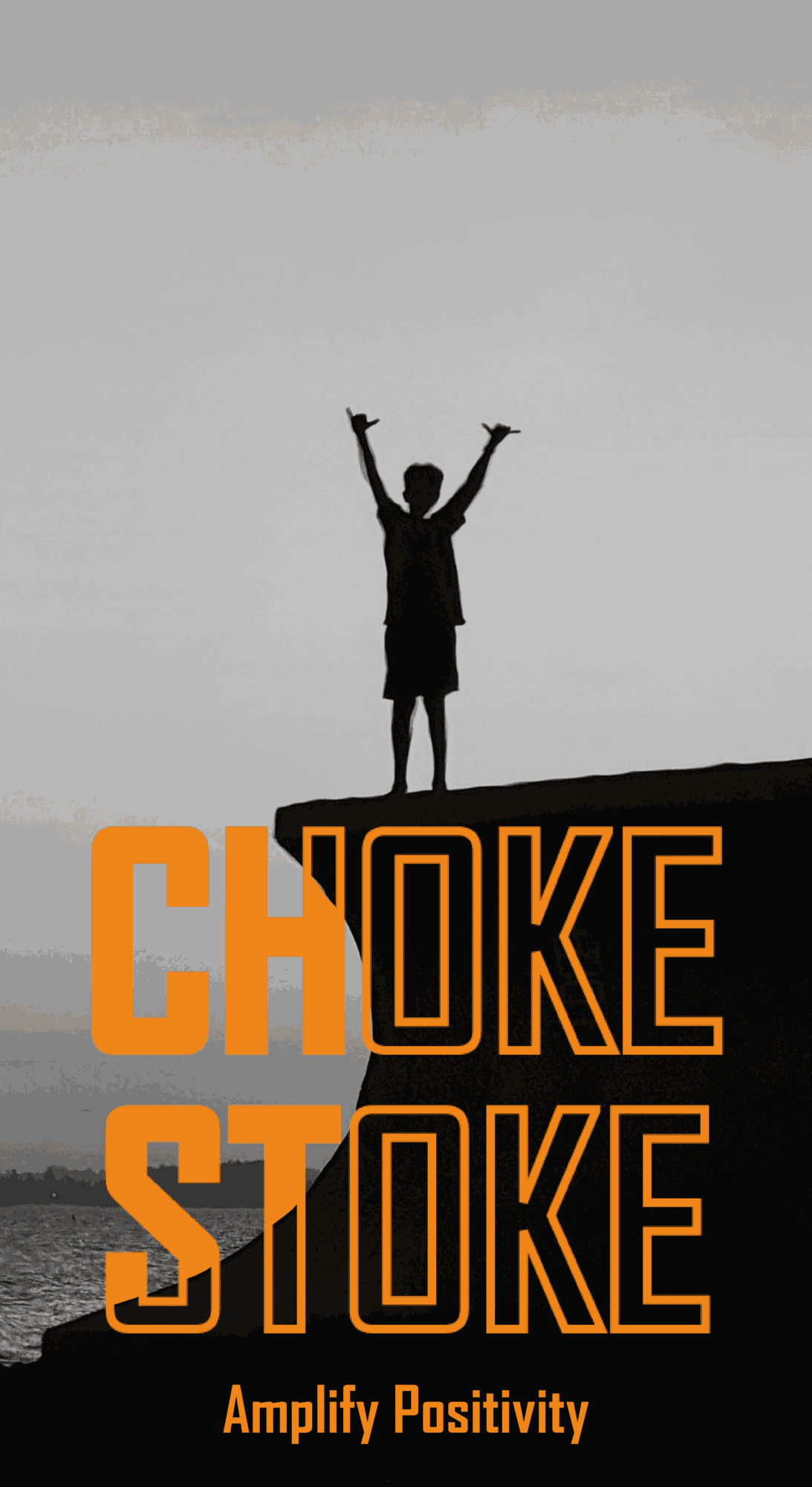 Silhouette of a person standing on a ledge with arms raised, against a gray sky, with bold orange and black text below.