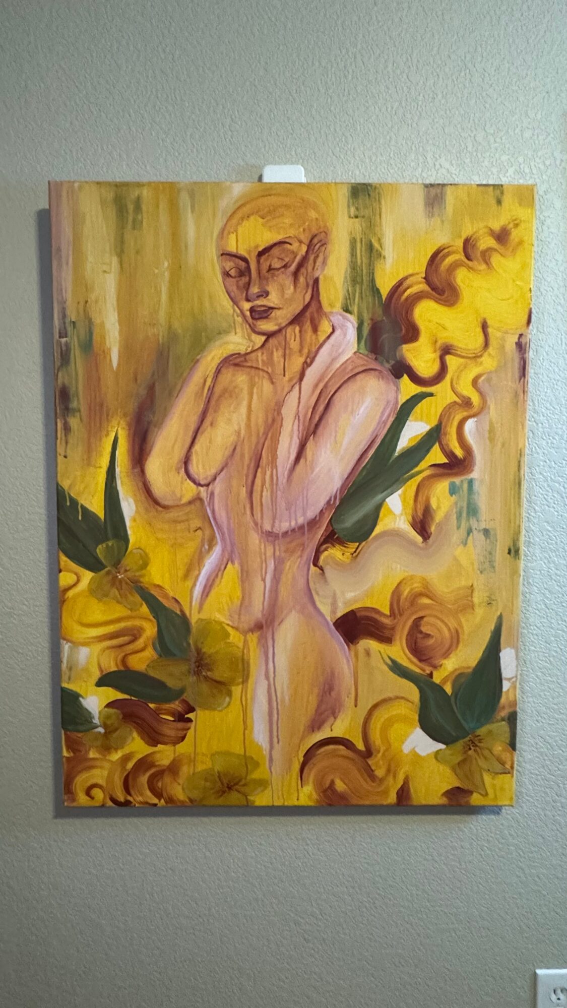 Painting of a woman with closed eyes, surrounded by yellow flowers and green leaves, in an abstract style.