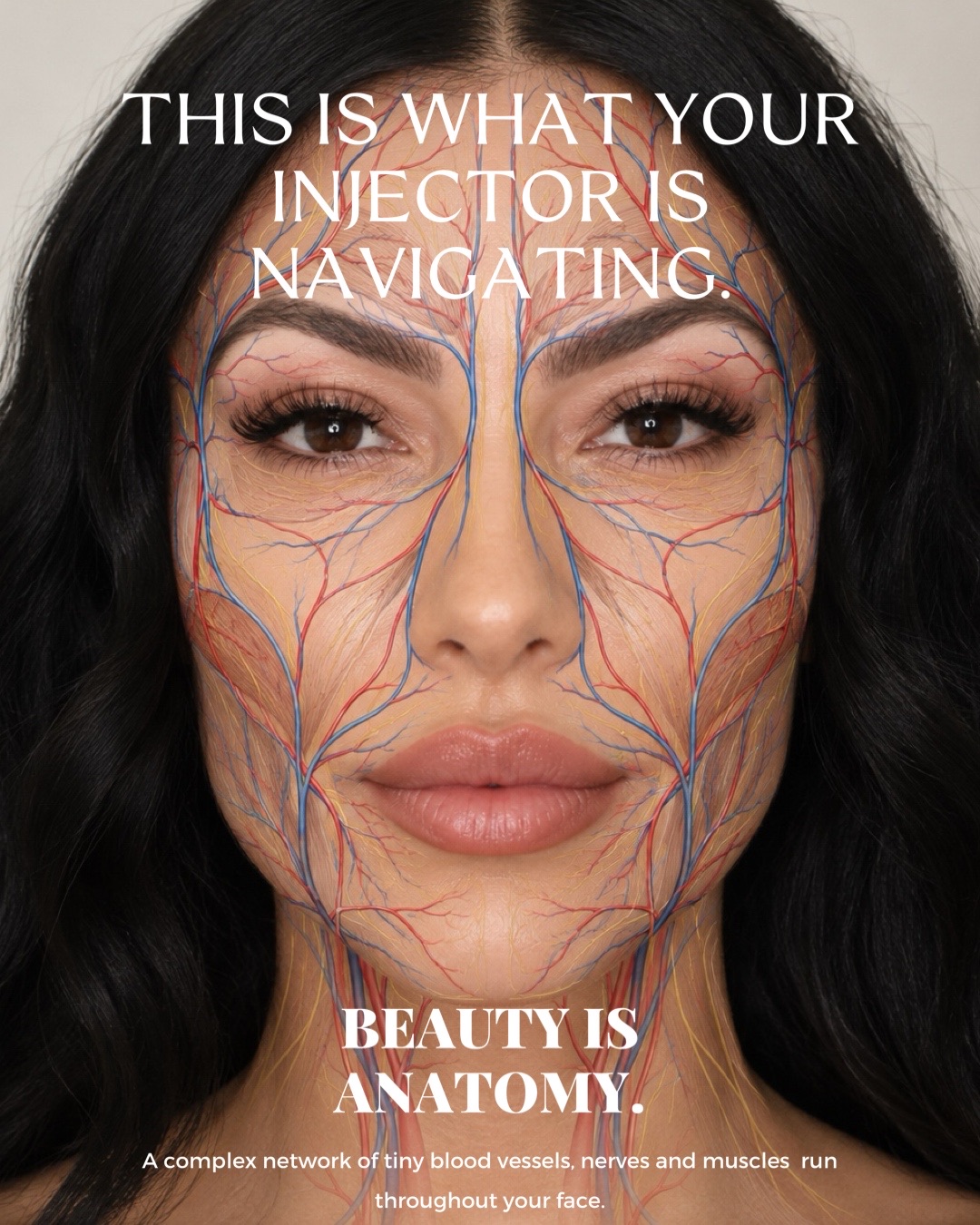 Close-up of a woman's face with overlaid blue and red lines showing blood vessels and muscles, with text about anatomy and injections.
