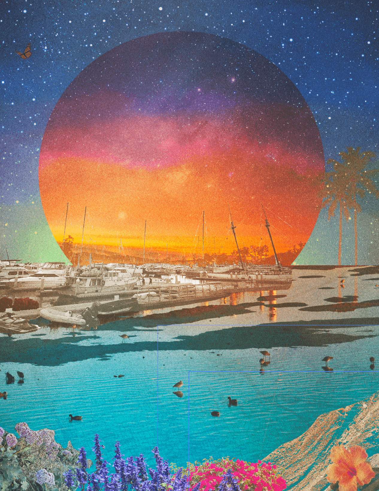 A vibrant sunset over a marina with boats, a large colorful circle in the sky, and purple flowers in the foreground.
