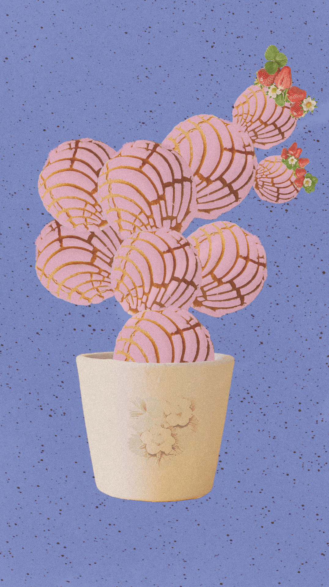 Pink and red striped heart-shaped objects in a white pot against a blue background.
