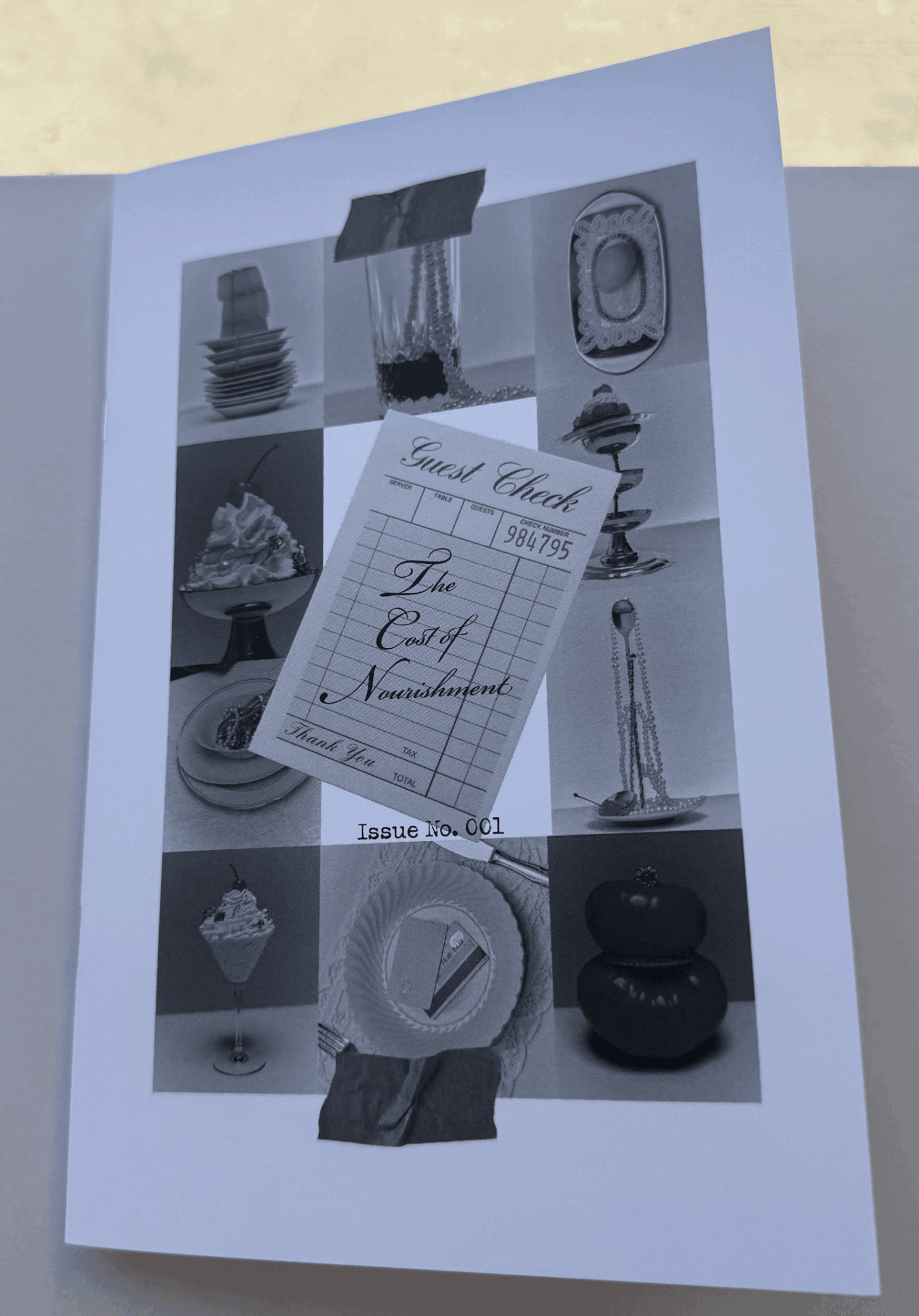 A printed page with various objects, a receipt, and a small paper note, arranged in a collage format.