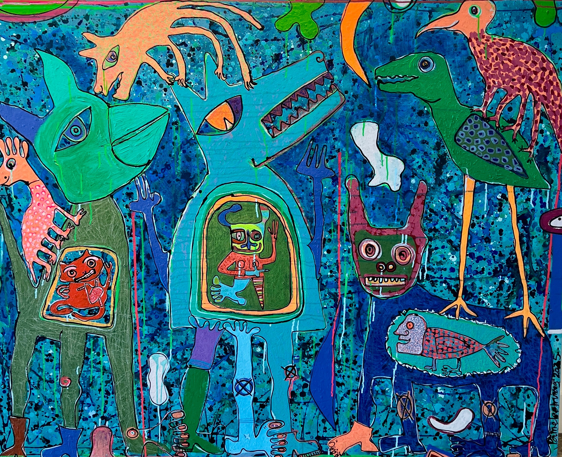 Colorful underwater scene with various fish, a crocodile, a bird, and a person inside a submarine, all in vibrant colors.