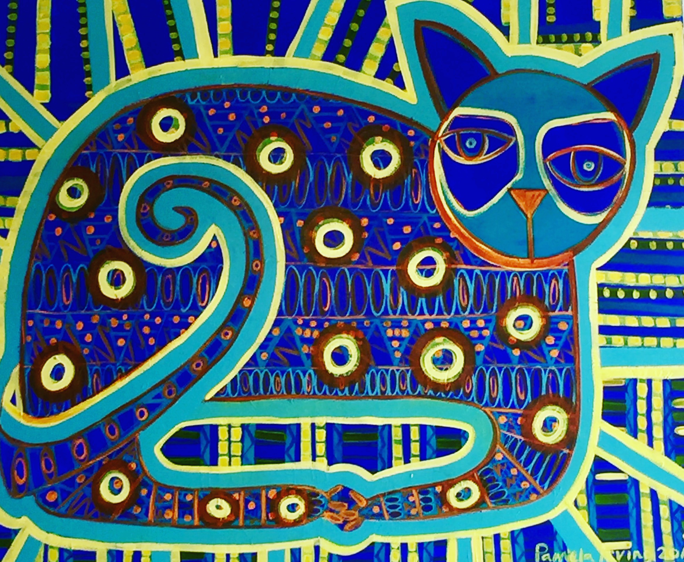 Colorful abstract cat with large eyes, surrounded by patterns and circular shapes, in vibrant blue, green, and yellow hues.