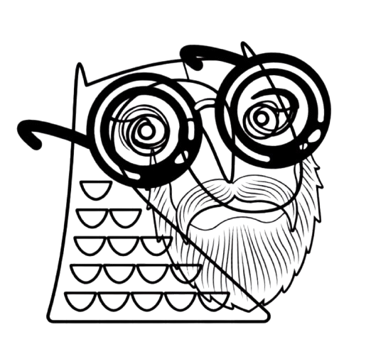 Line drawing of a bearded man with glasses, a mustache, and a hat, with a staircase and geometric shapes in the background.