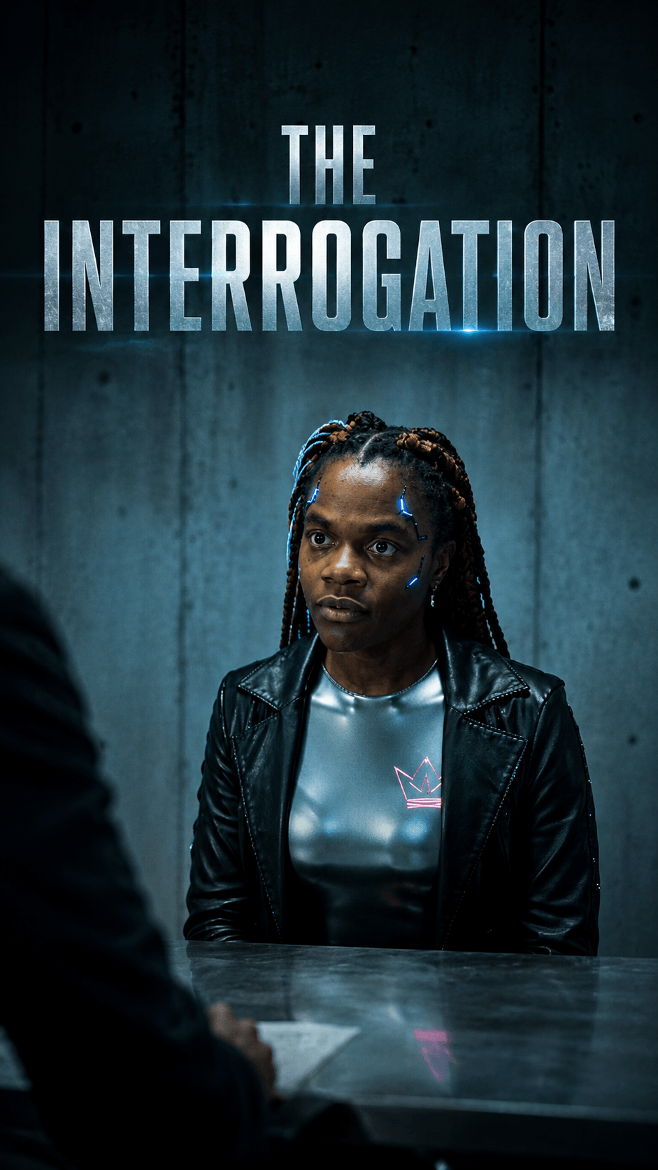 Woman with braided hair in a leather jacket sitting at a table during an interrogation, with a blue background and the title 'The Interrogation' above.