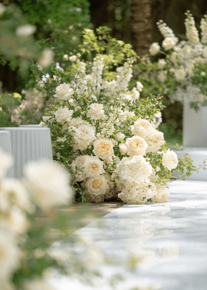 White and cream floral arrangement with roses and hydrangeas on a table outdoors, greenery in background.