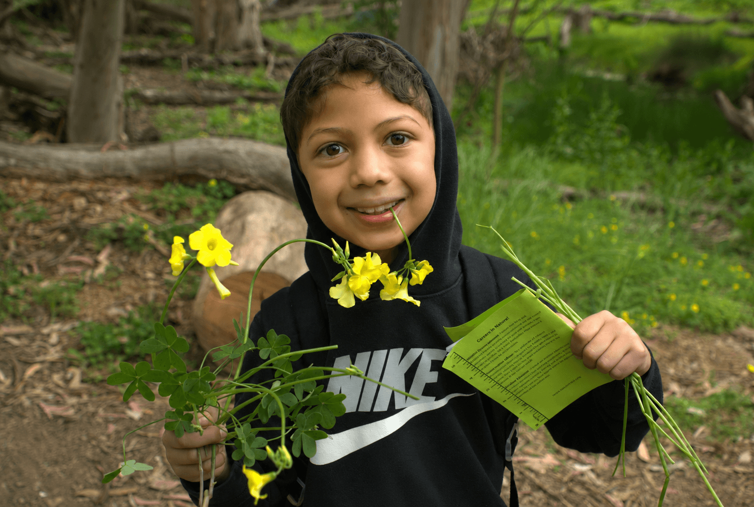 Smiling boy holding yellow flowers and a green paper in a wooded outdoor area.