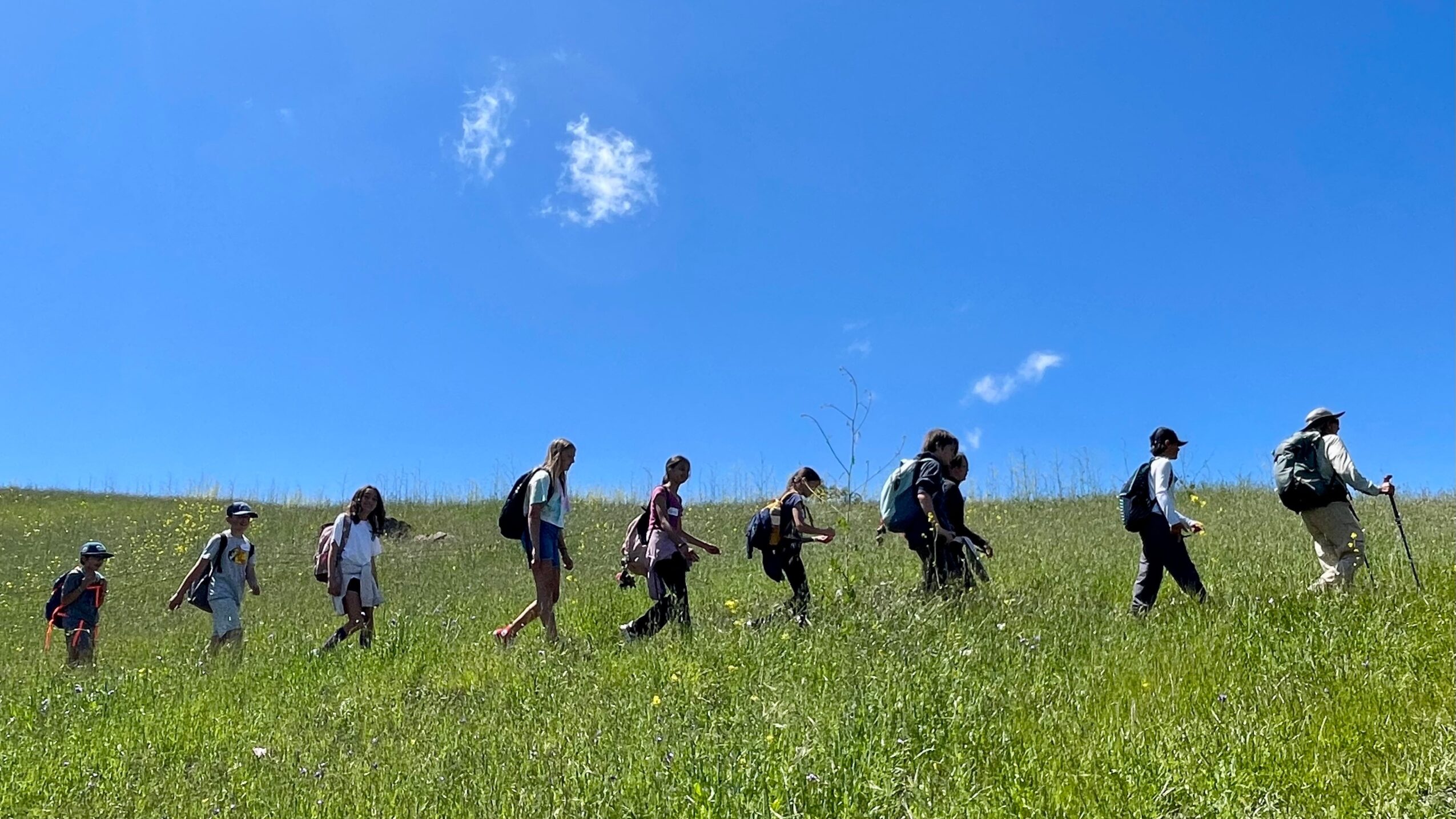 Group of people walking across a grassy field under a blue sky with a small cloud.