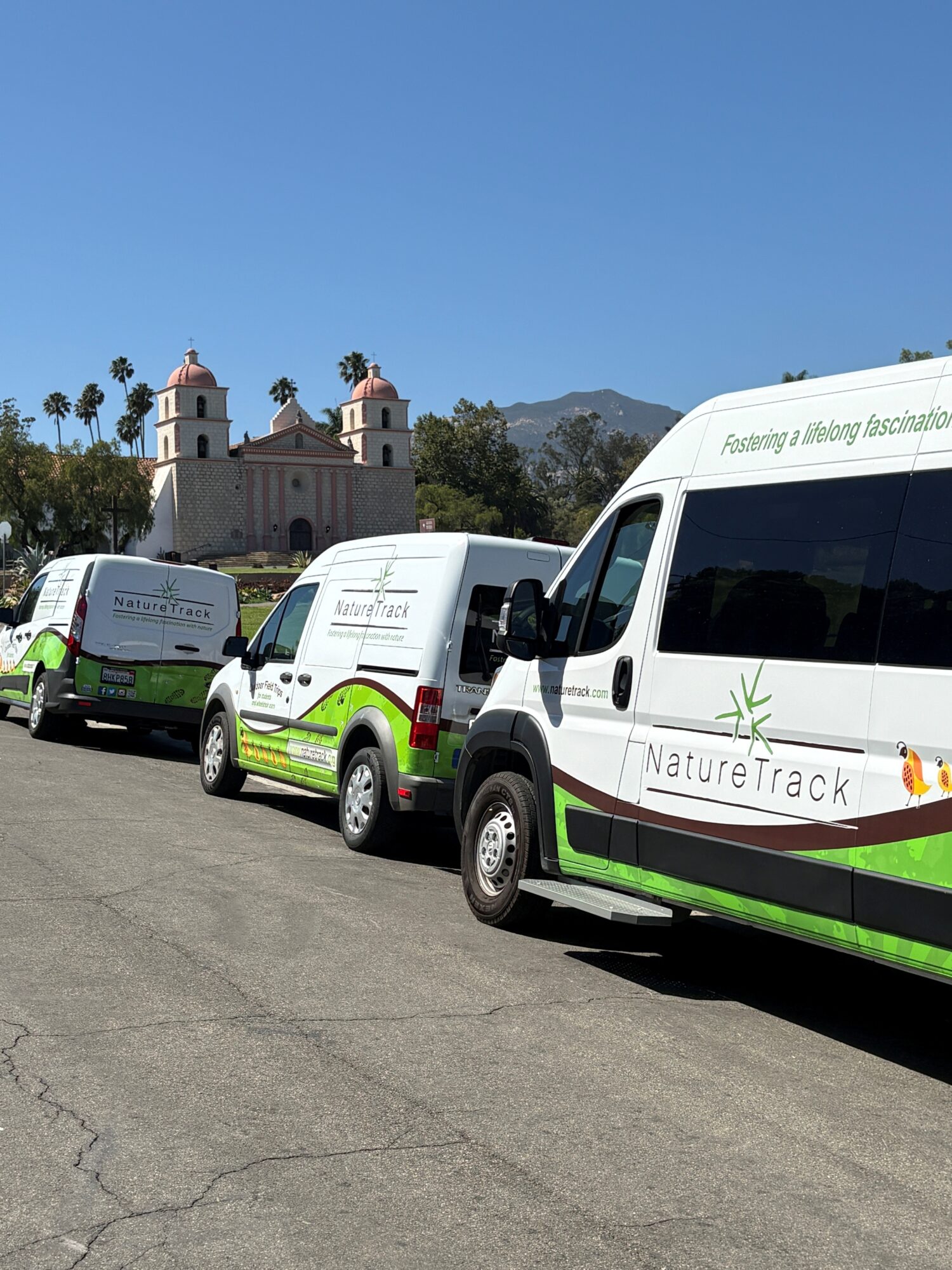 Three white vans with green accents parked on a street, with a church and mountains in the background.
